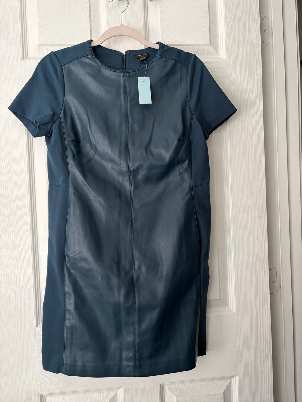 NWT Ann Taylor Teal Short-Sleeve Faux-Leather Sheath Dress